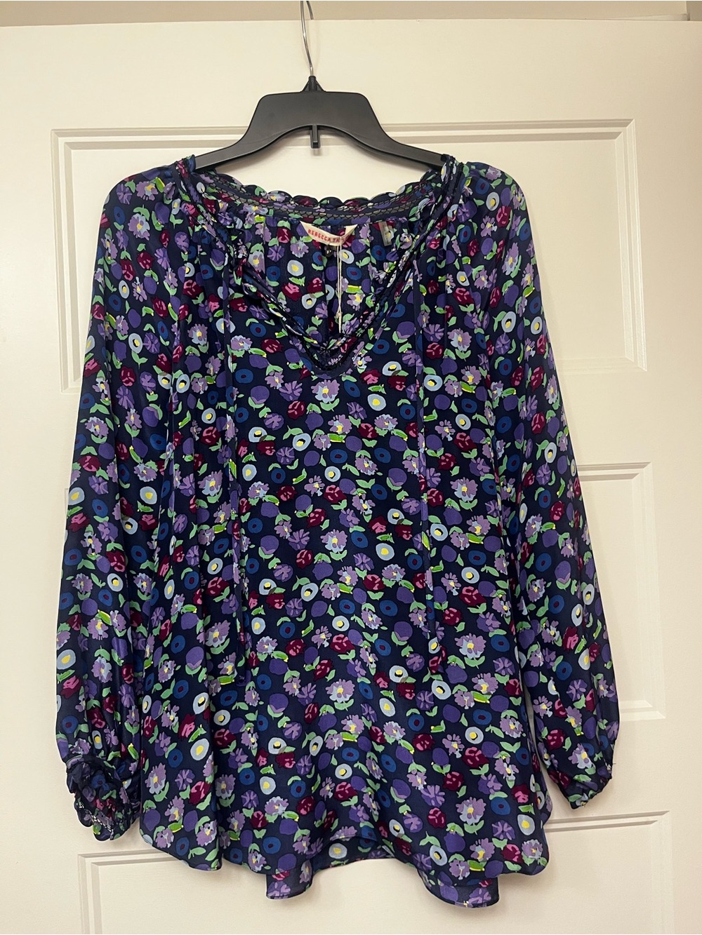 Rebecca Taylor Navy Floral Tie-Neck Blouse